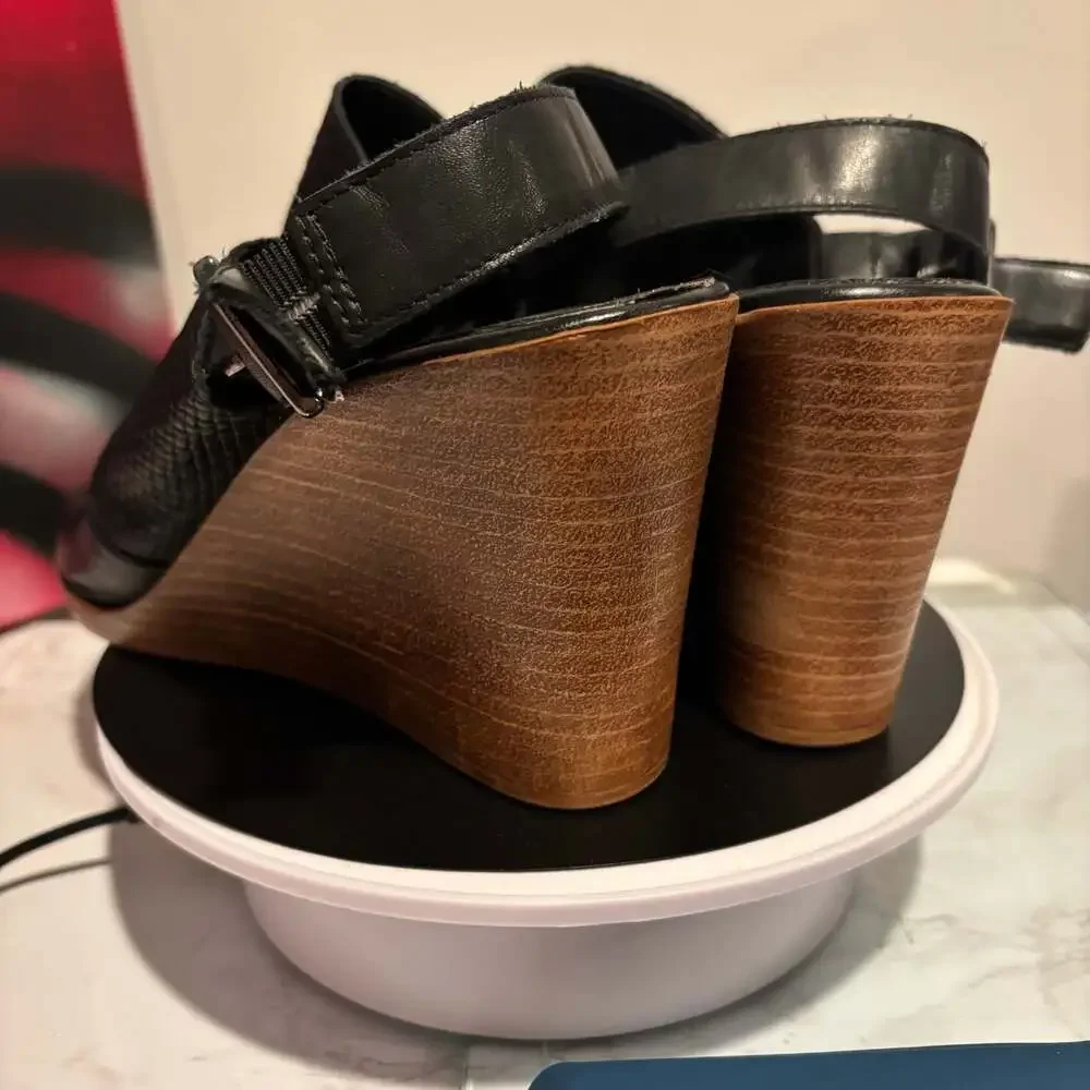 Sophia Milano Black Leather Woven Peep Toe Wedge Sandals